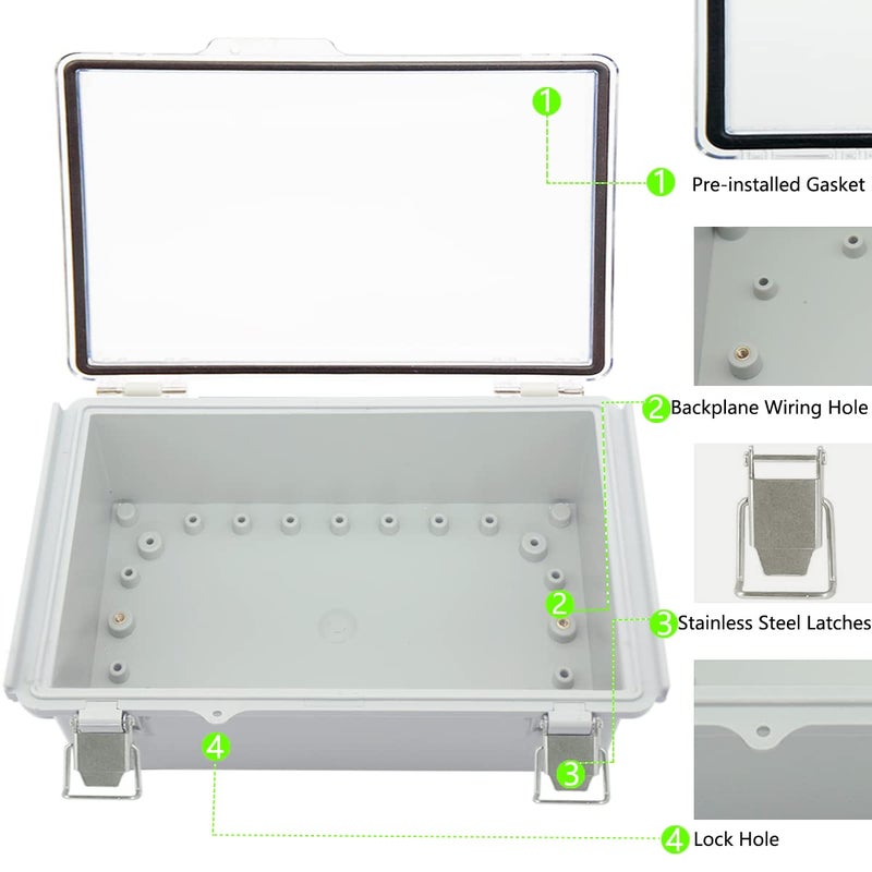 Zulkit Junction Box ABS Plastic Dustproof Waterproof IP67 Electrical Boxes Hinged Shell Outdoor Universal Project Enclosure Grey Clear Cover, Stainless Steel Buckles 10.2 x 6.3 x 3.9 Inch - Image 5